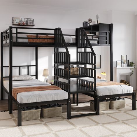 Cama litera moderna 90x200/140x200 cm de metal y madera negra, 3 plazas, escalera con pasamanos y almacenamiento (1/5)