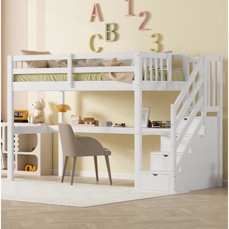 Cama alta infantil moderna de pino blanco 90x200 cm con escritorio bajo la cama y almacenaje integrado