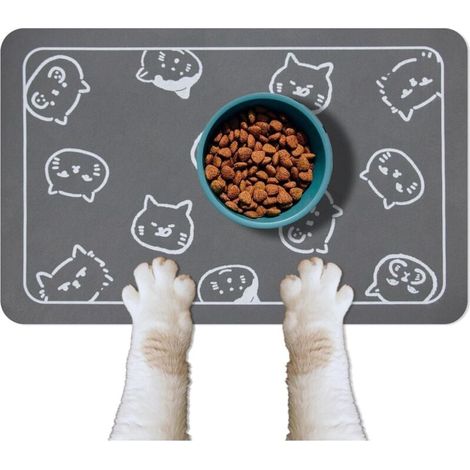 Confezione da 2 tappetini per ciotole per animali domestici, antiscivolo e super assorbenti, con loghi multipli a forma di testa di gatto, 45 x 30 cm, grigio scuro (1/4)
