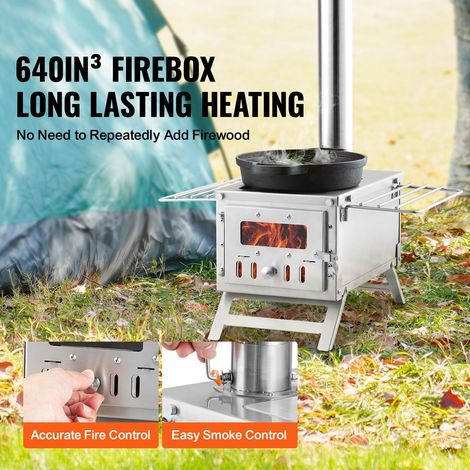 Poêle à bois nomade acier inoxydable 203,2 cm, fourgon chauffage tente camping avec conduits cheminée et gants, foyer 11471 cm³ pour cuisson extérieure, 8 tuyaux (1/5)