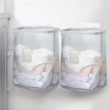 Panier À Linge Pliable - 38 x 17 x 26 cm - Fixation Murale Sans Perçage - Panier À Linge Avec Panier Intérieur Détachable - Lot De 2 - Gris (1/5)
