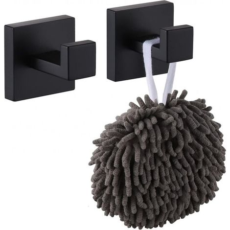 Crochet mural carré pour peignoirs Lot de 2, manteaux, salle de bain, cuisine, garage, acier inoxydable, noir mat (1/5)
