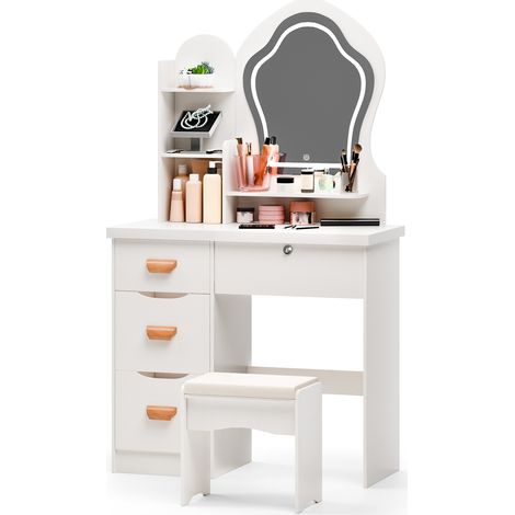 Une coiffeuse avec éclairage LED, un miroir LED en forme d'étoile, une couleur de lumière réglable, un tabouret, quatre tiroirs, trois étagères et des dimensions de 80×40×135 cm (1/5)