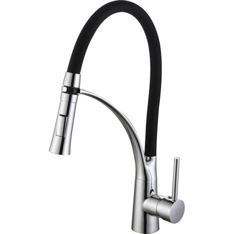 Mitigeur évier noir haut à bec extractible en PVC rigide, cartouche céramique 40mm, corps laiton, flexible 40cm, pression réglable anti-éclaboussures. (1/2)