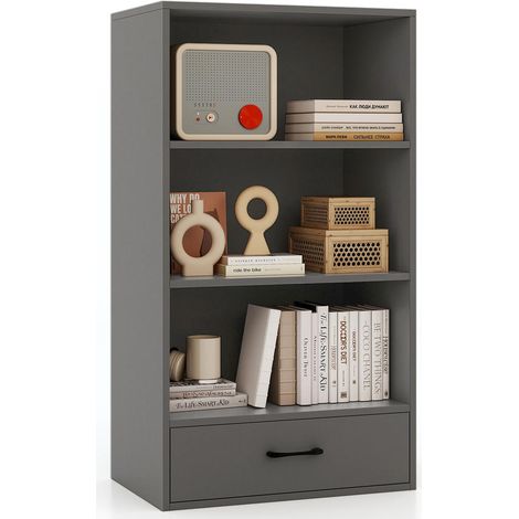 Bibliothèque en Bois Gris 4 Niveaux Meuble de Rangement avec Tiroir et Étagères Ouvertes pour Salon, Chambre et Bureau (1/5)