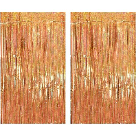 Set mit 2 roségoldenen Metallic-Fransenvorhängen (1x2m), funkelnde Dekoration für Geburtstage und Hochzeiten (1/5)