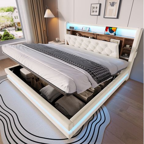 180 × 200 cm Polsterbett mit Stauraum, Samtbett mit multifunktionalem Kopfteil, LED-Beleuchtung, 2 USB- & Type-C-Anschluss, Hydraulik, Lattenrost und offenen Ablagen, Beige (1/5)
