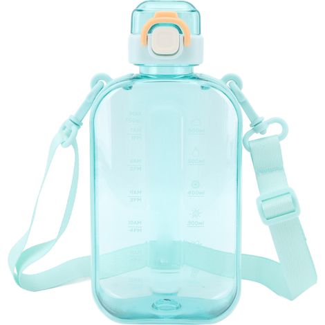 Tragbare Sport-Trinkflasche mit großem Fassungsvermögen (750 ml / 25 oz) mit Zeitanzeige und grünem Schultergurt. (1/5)