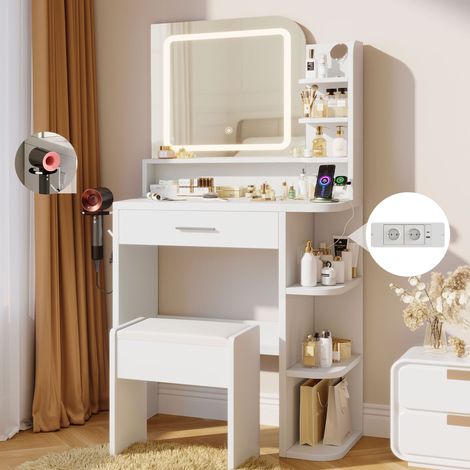 Coiffeuse avec Miroir LED et Tabouret, Table de Maquillage avec Éclairage Réglable 3 Couleurs, Multiprise Intégrée, 1 Tiroir et 7 Étagères, Pour Chambre et Dressing, Blanc (1/5)