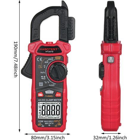 HABOTEST HT207D Pince Ampèremétrique Numérique 4000 Comptes Multimètre Poche AC DC Volts Ampères Ohms Diode Test Écran LCD Multifonction Précis (1/4)