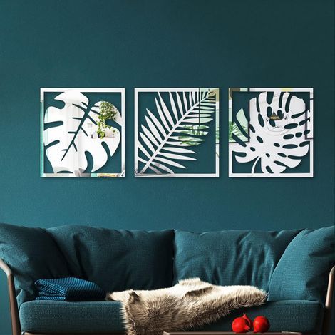 JSSEVN - Tropical Silver Leaf Wall Mirror, Acrylic Wall Stickers, DIY Removable Wall Mirror for Living Room, 28.3x30cm/3 Pcs (1/5)