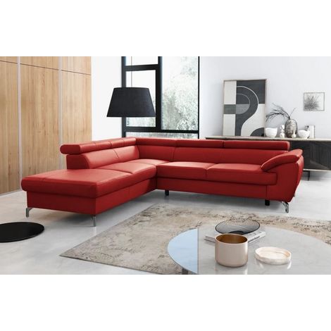 Canapé d'angle convertible en cuir italien de luxe 5/6 places FINLANDE avec coffre, rouge foncé, angle gauche (1/5)