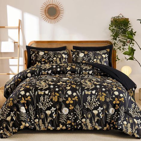 Bettwäsche-Set 200x220cm 3tlg Schwarz Floral Golden Beige Öko-Tex Mikrofaser