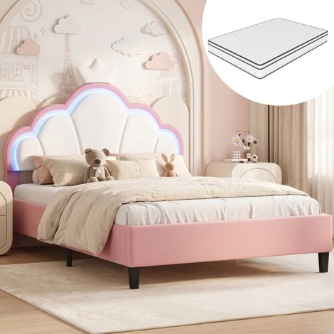 Lit enfant 140x190 cm avec LED,tête forme de couronne,Lit Princesse,cadre de lit fille 140x190 cm,Lit double rembourré ,rose,velours,Matelas inclus
