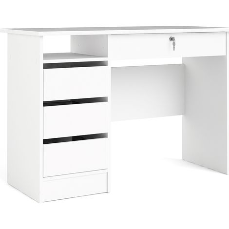 Plus Schreibtisch mit 1 Regal, 3 kleinen Schubladen und 1 großen Schublade mit Schlüssel, weiß. (1/5)