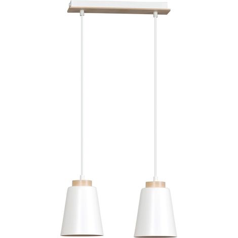 Lampadario 2 Luci Bolero Con Paralumi A Cono In Acciaio Bianco E Legno Naturale (1/5)