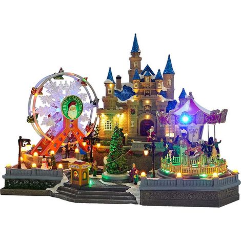 Village de Noël animé et lumineux château et fête foraine