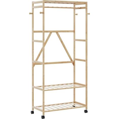 Portant à vêtements avec étagère et roulettes, dimensions : 90 x 40 x 179,5 cm, en bambou. (1/5)