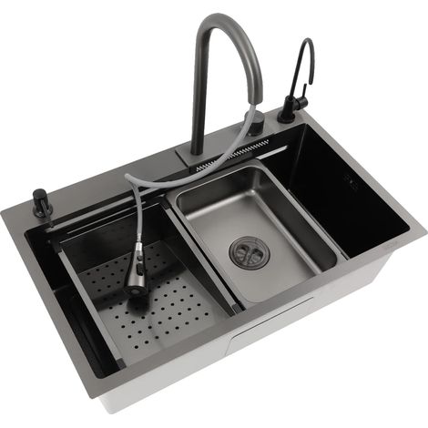 Lavello da cucina a tre vasche, rubinetto a cascata con doccetta estraibile, nero (1/2)