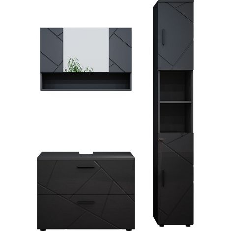 Ensemble de meubles de salle de bain Irma, Anthracite Haute brillance, 3 pièces, armoire basse 80 cm, Vicco