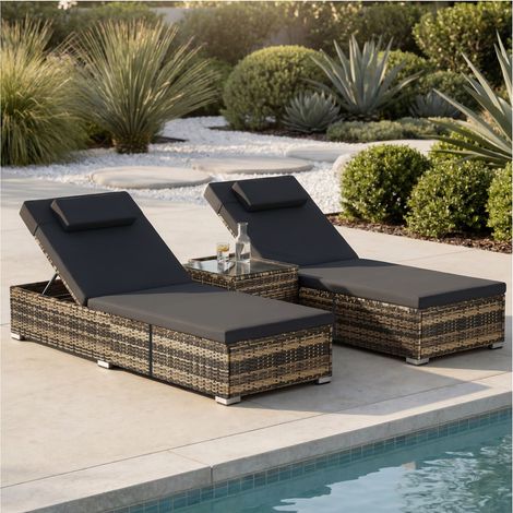 Chaise longue double en rotin avec table Carbonera, dossier réglable - marron naturel