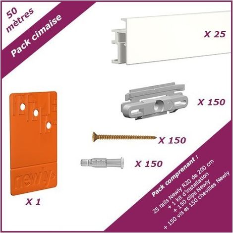50 mètres Blanc mat : Pack économique cimaise Newly R20 (rails et fixations) (1/5)