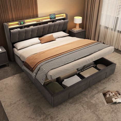 Cama tapizada 180x200 cm con cajones, compartimentos de almacenamiento, puerto USB y luz ambiental, terciopelo gris oscuro DESVIAE (1/5)