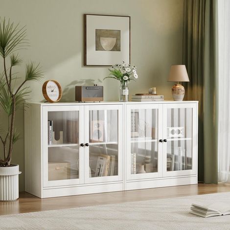 Sideboard mit 2 Glastüren, Buffetschrank, TV Board, Aufbewahrungsschrank, 80x80x40cm, Weiß (1/5)
