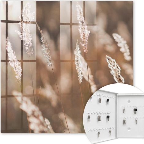 Armoire à clés - (30 cm x 30 cm) - Boîte à clés murale - Coffret de rangement pour clés - Couleur blanche - Ouverture vers la gauche - Pour maison et bureau - Herbes dans la prairie (1/5)
