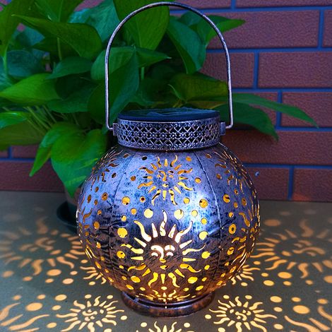 Ortviai Applique Solaire Extérieure en Fer Forgé avec Projection Visage Solaire, Lune et Étoiles – Cuivré
