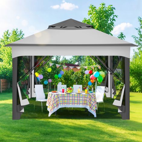 Wolketon Cenador plegable de jardín 3,3 × 3,3 × 2,68 m – Cenador exterior con mosquitera, doble techo ventilado, protección UV, para patio, jardín y patio trasero, gris (1/5)