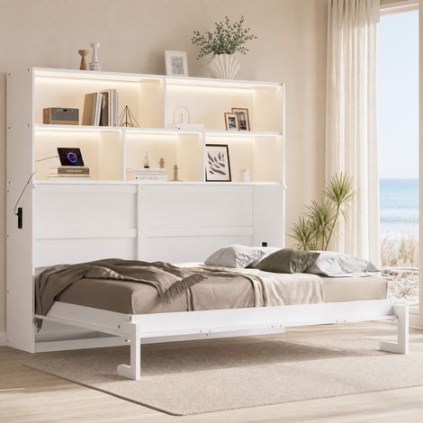 Einzel-Klappbett 90x200 cm mit LED, USB-Ladung und Stauraum, Weiß HAVRYA (1/5)