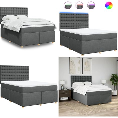 Cama box spring con colchón tela gris oscuro 160x200 cm - Colchón de muelles ensacados - Cama con luz LED