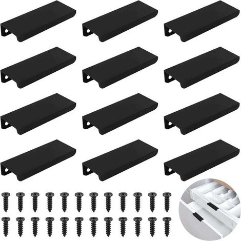 Poignées de meuble dissimulées, 12 poignées de porte cachées, adaptées aux armoires et tiroirs, poignées de tiroir noires, alliage d'aluminium, poignées d'armoire de cuisine, avec 24 vis (80 mm).