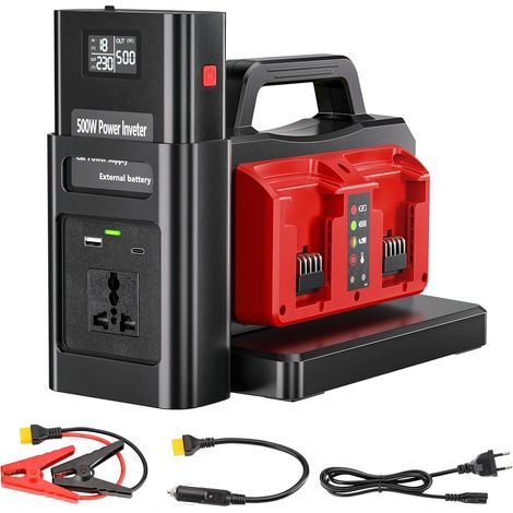 Onduleur sinusoïdal Pure 500W pour Batterie M18 18V (Pas de Batterie), convertit 18V CC vers 230V CA, avec Prise de Charge Voiture, pour Camping et urgences (4 Ports) (1/5)