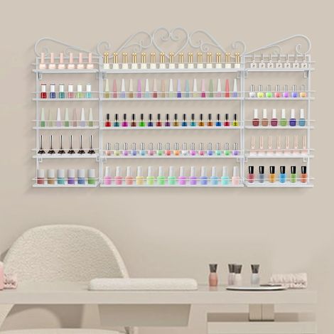 3er Set Nagellack Aufbewahrung Wandmontage, 5-lagig Weiß Metall Nagellackregale mit Zäune und Ablenkungen Löcher zum Aufhängen für Nagellack Lippenstift Parfüm, Nagelstudio Zuhause (1/5)