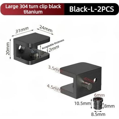 (Noir - L - 2 pièces) 2 charnières actives pour porte vitrée, pivotement à 90°, acier inoxydable 304, accessoires pour verre, pinces de fixation pour moustiquaire, axe supérieur et inférieur (1/5)