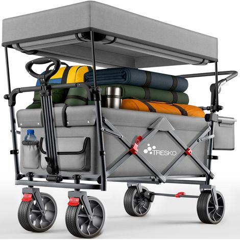 TRESKO® Bollerwagen Faltbar mit Dach Grau, Kühlfach & Seitenrollos  Handwagen max. belastbar bis 150kg  Transportwagen mit Vollgummireifen & Feststellbremsen (Vorne & Hinten) und 3-Punkt-Gurt