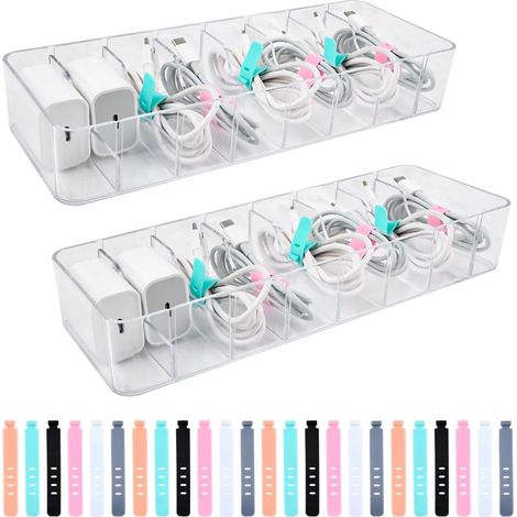 2 Boîte de Rangement pour Câbles, 8 Compartiments Boîtes Rangement Câbles avec Couvercle et 24 Attaches de Câble, Boîte de Rangement Chargeur et Cable (1/5)