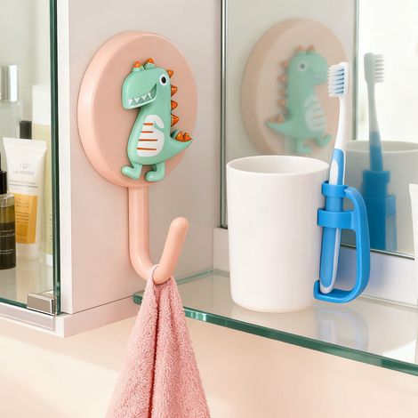 Attache Murale Adhésive - Patères Cartoon Dinosaure Rose - Plastique Éco-Responsable Durable - 1 Paire (3x5cm) (1/5)