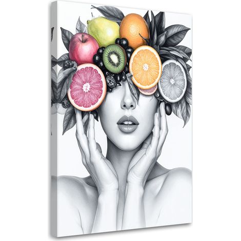 Tableau déco Femme avec des fruits sur la tête 70x100 (1/4)