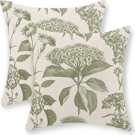 Graugrüne Leinenkissenbezüge mit Hortensienmuster, 2er-Set, 40 x 40 cm (16 x 16 Zoll), ideal für Sofa und Außendekoration.