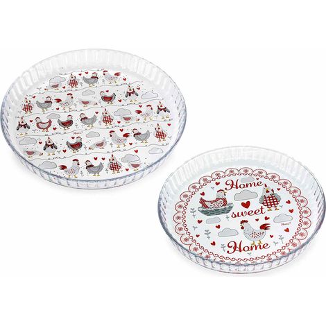 Moule à tarte plat en verre alimentaire décor poule et Home Sweet Home, lot de 2, Grand : diam. 30,5 cm x H. 3,5 cm