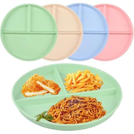 4 Pcs Assiette Compartiment Adulte, 22,5 cm Assiette Plate 3 Compartiments, Assiette Regime Minceur à Collation, Assiettes Divisées, Micro-ondes et Lave-vaisselle (1/5)