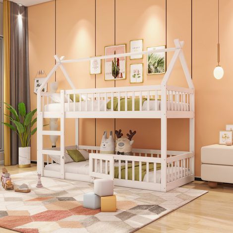 Fortuna Lai – Lit superposé 90x200 cm en bois massif blanc – Lit cabane enfant avec échelle – Design loft – Capacité 120 kg – Sommier à lattes inclus (1/5)