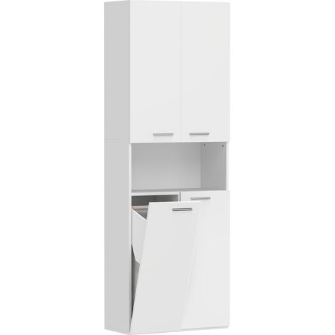 Armario alto de baño blanco con cesta para la ropa sucia, 174 cm (1/5)