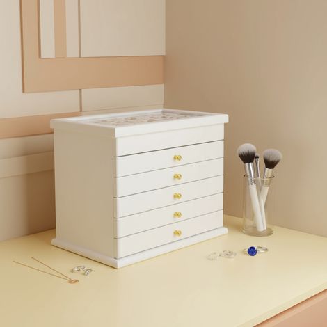 YISSALE -Outillage -Coffre de bijoux en bois, 6 étages, design moderne, idée de cadeau, très spacieux, pour montres, colliers, grand meuble à tiroirs (blanc) (1/5)