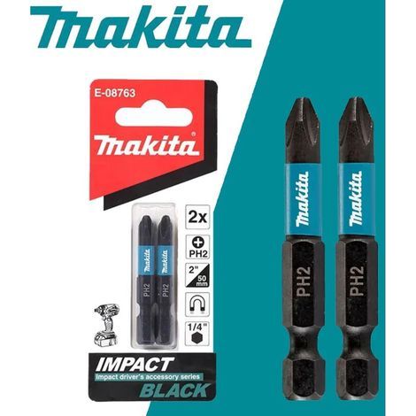 Makita E-08763 black impact screwdriver bits, 1/4" PH2, 50 mm length, 2 pieces, magnetic Phillips screwdriver head (1/2)