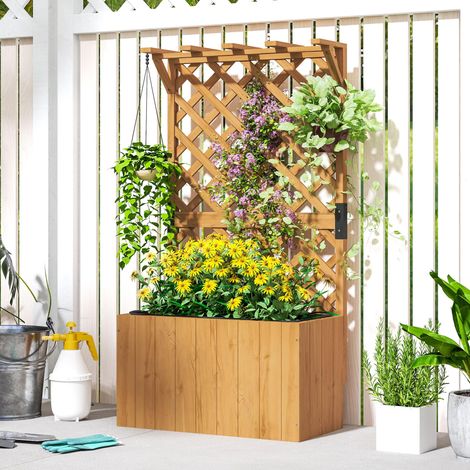 Pflanzkasten mit Rankgitter, Massivholz-Blumenkasten mit Abflusslöchern und Einsatz, 64 x 33 x 122 cm, Naturholz