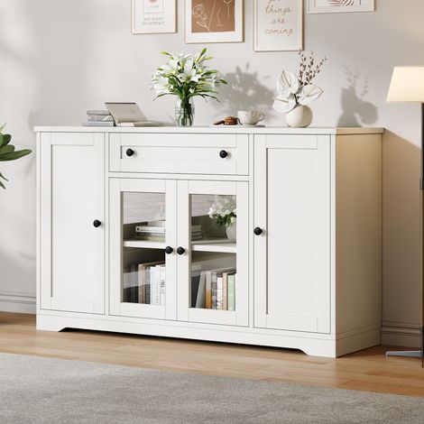 Credenza 138x40x83 cm con 4 ante di cui 2 in vetro, 1 cassetto, 6 vani regolabili, MDF bianco per soggiorno (1/5)